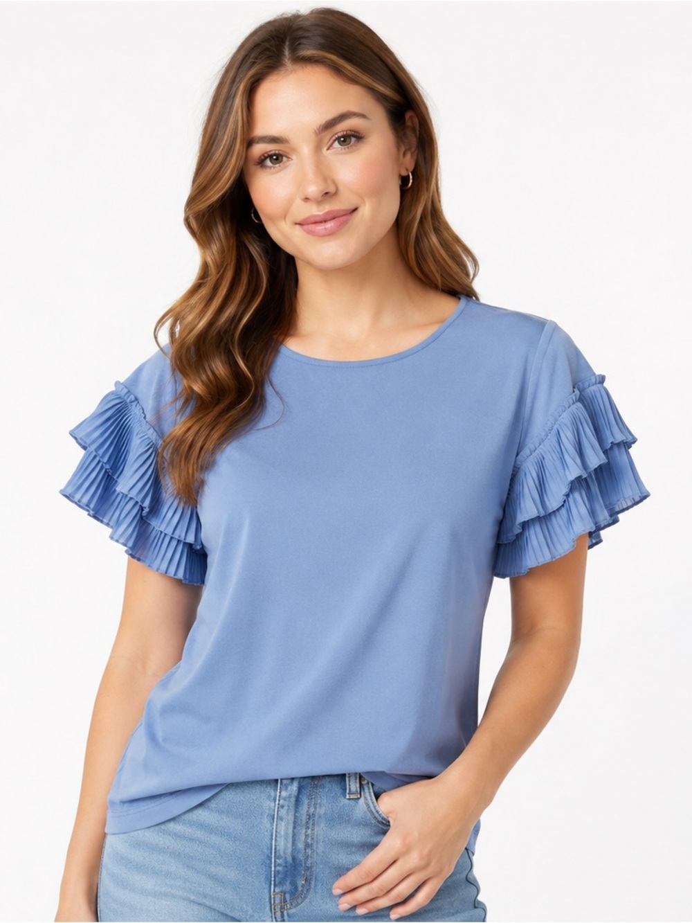 Laura Women’s Blue Ruffle Pleated Sleeve Blouse Size Medium Dressy Top